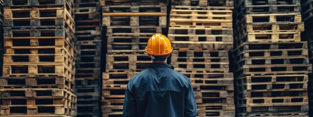 Poster - Warehouse worker managing organized wooden pallets in a storage facility with ample empty space for promotional text or branding.