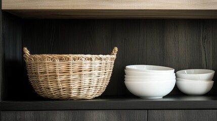 Poster - wicker basket in dark cabinet alongside white bowls creating a minimalist kitchen storage aesthetic 