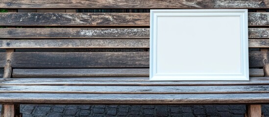 Poster - White photo frame on rustic pine bench showcasing ample blank space for customizable text or images.