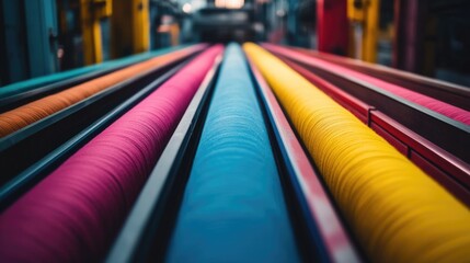 Aufkleber - Colorful spools of thread in a textile factory showcasing production with ample space for overlaying text or graphics