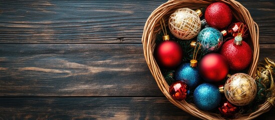 Poster - Baskets filled with colorful Christmas ornaments on dark wooden floor with empty space for seasonal text and decoration ideas