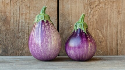 Aufkleber - Two freshly harvested eggplants of different sizes against a rustic wooden background showcasing their vibrant colors and textures.