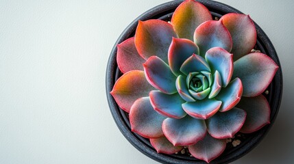 Poster - Top view of a vibrant Echeveria lilacina succulent in a black pot on a white background with ample copyspace for text or design elements