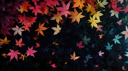 Poster - Colorful maple leaves swirling in the wind with a dark background and ample space for overlay text or graphics
