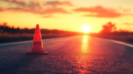 Poster - Vibrant traffic cone on a deserted road at sunset with beautiful sky colors and ample space for adding text or graphics.