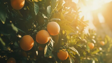 Poster - Citrus tree abundant with ripe oranges basking in warm sunlight showcasing vibrant colors and lush greenery in a serene natural setting
