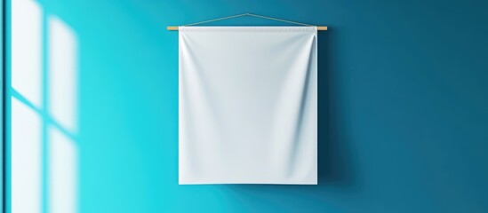 Poster - Indoor hanging banner mockup on blue wall with ample empty space for text advertising and promotion opportunities