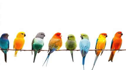 Poster - Diverse colorful birds perched on a branch against a white background with ample space for text and design elements.
