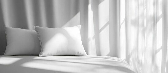 Poster - Serene Bedroom with White Pillows on Bed and Ample Copy Space Featuring Soft Light and Shadows