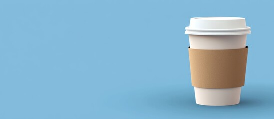 Poster - Blank Coffee Cup with Lid on Blue Background for Packaging Design Template and Copyspace for Custom Text and Branding Options