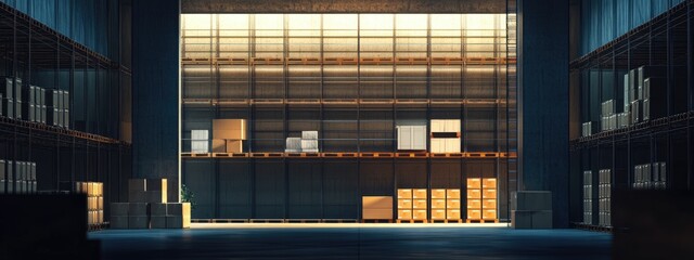 Poster - Warehouse interior featuring organized storage racks with filled boxes and ample empty space for additional text or branding.