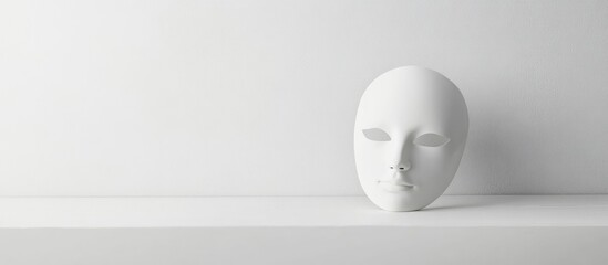 Poster - Minimalist white mask on table with expansive white background for text placement and design layout flexibility.