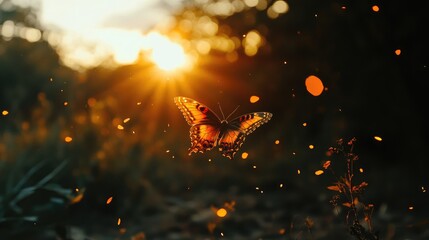Aufkleber - Butterfly in Nature at Sunset Surrounded by Golden Light and Warm Atmosphere