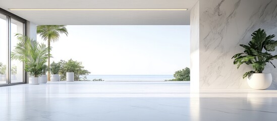Poster - Elegant White Marble Interior with Spacious Terrace and Abundant Natural Light Ideal for Text Overlay and Design Projects