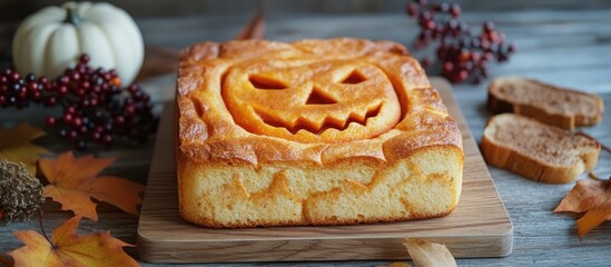 Poster - Hardcover with carved pumpkin leaves and berries on wooden surface alongside cinnamon bread slices for Halloween themed composition