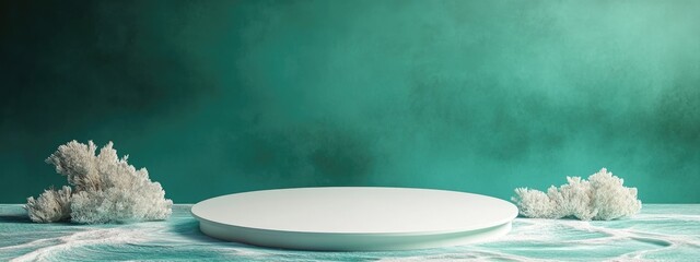 Poster - White round podium with green backdrop and natural elements creating a serene setting ideal for product display or promotional content