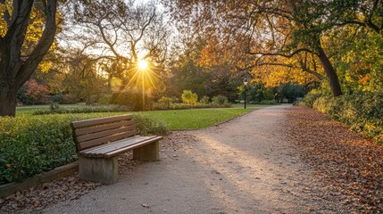 Aufkleber - Tranquil sunset park scene featuring a wooden bench amidst vibrant autumn foliage and a serene walking path in an urban setting