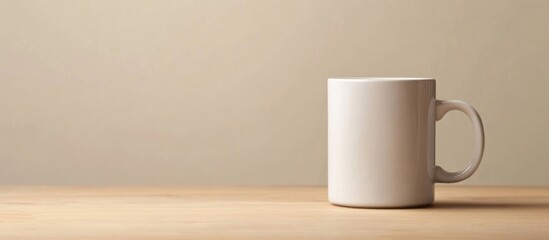 Poster - White coffee mug on wooden table with neutral background perfect for custom text or branding purposes.
