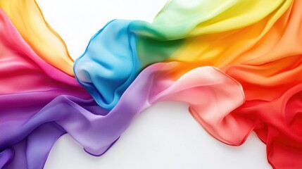 Poster - Vibrant flowing rainbow fabric on white background creating a colorful backdrop with ample space for text or design elements.
