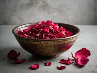 Delicate red rose petals elegantly arranged in a bowl, symbolizing love, beauty, and romance. A timeless representation of nature’s elegance and grace.