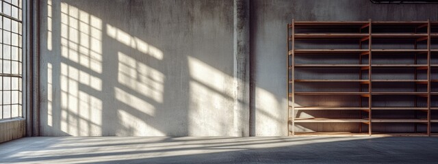 Poster - Warehouse Interior Featuring Empty Cargo Shelving and Natural Light with Space for Text Overlay and Design Elements