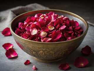 Delicate red rose petals elegantly arranged in a bowl, symbolizing love, beauty, and romance. A timeless representation of nature’s elegance and grace.