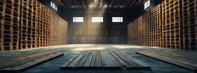 Poster - Spacious warehouse interior with wooden pallets and ample empty copy space for text or promotions. Perfect for storage or logistics concepts.