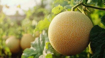 Poster - Vibrant Cantaloupe Melon Hanging in Organic Farm with Lush Green Leaves and Sunlight