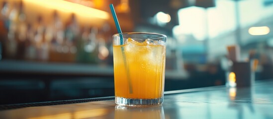 Aufkleber - Refreshing glass of orange juice with ice and straw on cafe bar counter with drinks in background and ample copy space for text decoration