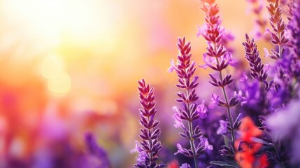 Poster - Vibrant Coral and Purple Flower Garden Under Soft Sunrise Light with Empty Copyspace for Inspirational Text or Quotes
