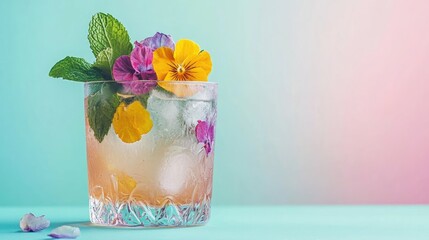 Aufkleber - Refreshing floral cocktail with ice mint leaves and edible flowers against a soft gradient backdrop for customizable text space.