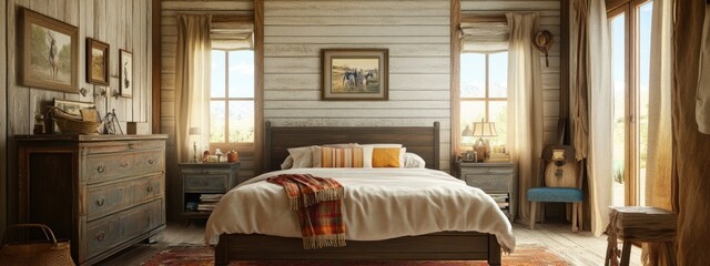 Poster - cozy western style bedroom interior in farmhouse with inviting atmosphere and empty space for person