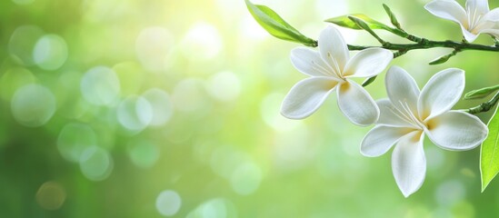 Poster - Delicate white flowers on a lush green background creating a serene and joyful atmosphere with ample space for text and branding.