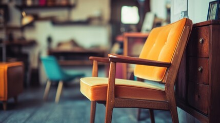 Poster - Vintage Furniture Display in Thrift Store with Empty Space for Custom Text or Branding