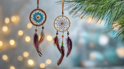 Poster - Decorative dreamcatchers with colorful feathers and beads against a soft blurred background creating a serene and dreamy atmosphere