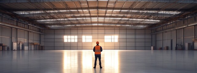 Poster - Warehouse Manager Supervising Delivery Operations in Expansive Industrial Space with Blank Area for Text and Creative Use