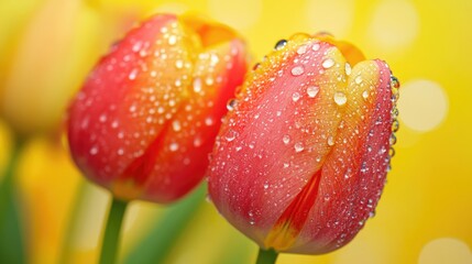 Poster - Vibrant tulips adorned with water droplets set against a bright yellow background with ample copyspace for text or branding messages.