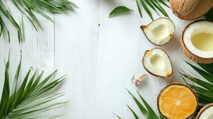 Aufkleber - Tropical fruits arrangement with coconut and orange on white wooden surface featuring lush green leaves and ample space for text insertion