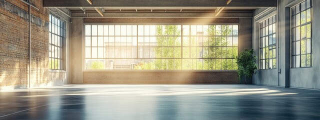 Poster - Spacious industrial warehouse interior showcasing large factory windows and abundant natural light with ample space for text placement
