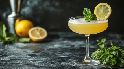 Poster - Vibrant cocktails with lemon and mint garnishes on a dark background with empty space for text or branding placement.