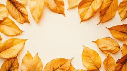 Poster - Golden autumn leaves create a vibrant frame against a neutral background, providing ample copyspace for text or graphics.