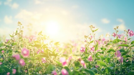 Poster - Vibrant climbing bean plants blooming under sunlight at an eco farm with clear blue sky and empty space for text at the top.