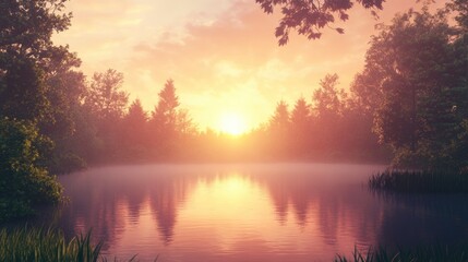 Poster - Serene Sunset Reflection Over Calm Lake Surrounded by Lush Woodlands with Clear Space for Text and Design Elements