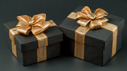 Poster - Elegant black gift boxes adorned with golden ribbons and bows on a dark background top view perfect for luxury occasions and celebrations