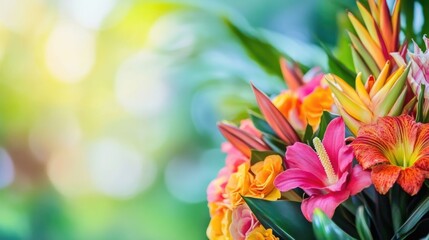 Poster - Vibrant Tropical Flower Bouquet with Lush Green Background and Empty Space for Text or Graphic Overlay