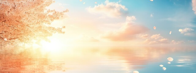 Poster - Tranquil water surface reflecting golden sunrise light under a blue sky with clouds and empty space for text or design elements
