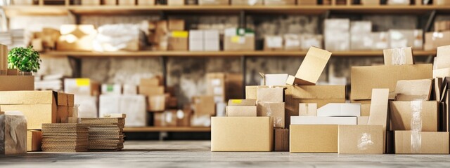 Poster - Warehouse filled with stacked recycled cardboard boxes and packages with ample empty copy space for text and branding opportunities.
