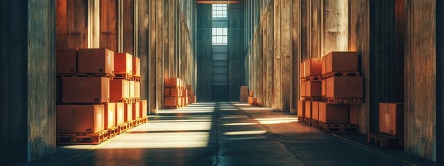 Poster - Warehouse Aisle Featuring Neatly Stacked Packages and Ample Copy Space for Storage and Distribution Textual Needs