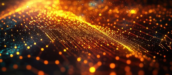 Poster - Digital network visualization with glowing particles representing global communication and fintech innovation in a cybernetic landscape