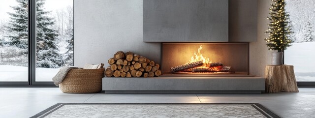 Poster - Modern Cozy Fireplace with Wooden Logs and Winter Scenery Ideal for Text Placement in a Contemporary Home Setting